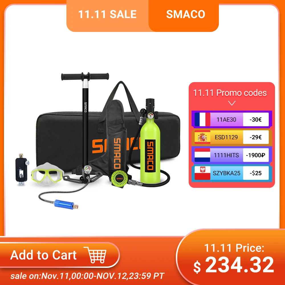 SMACO S400/S400Plus Mini Scuba Diving Tank Equipment Cylinder with 16 Minutes Capability 1 Litre Capacity Refillable Design