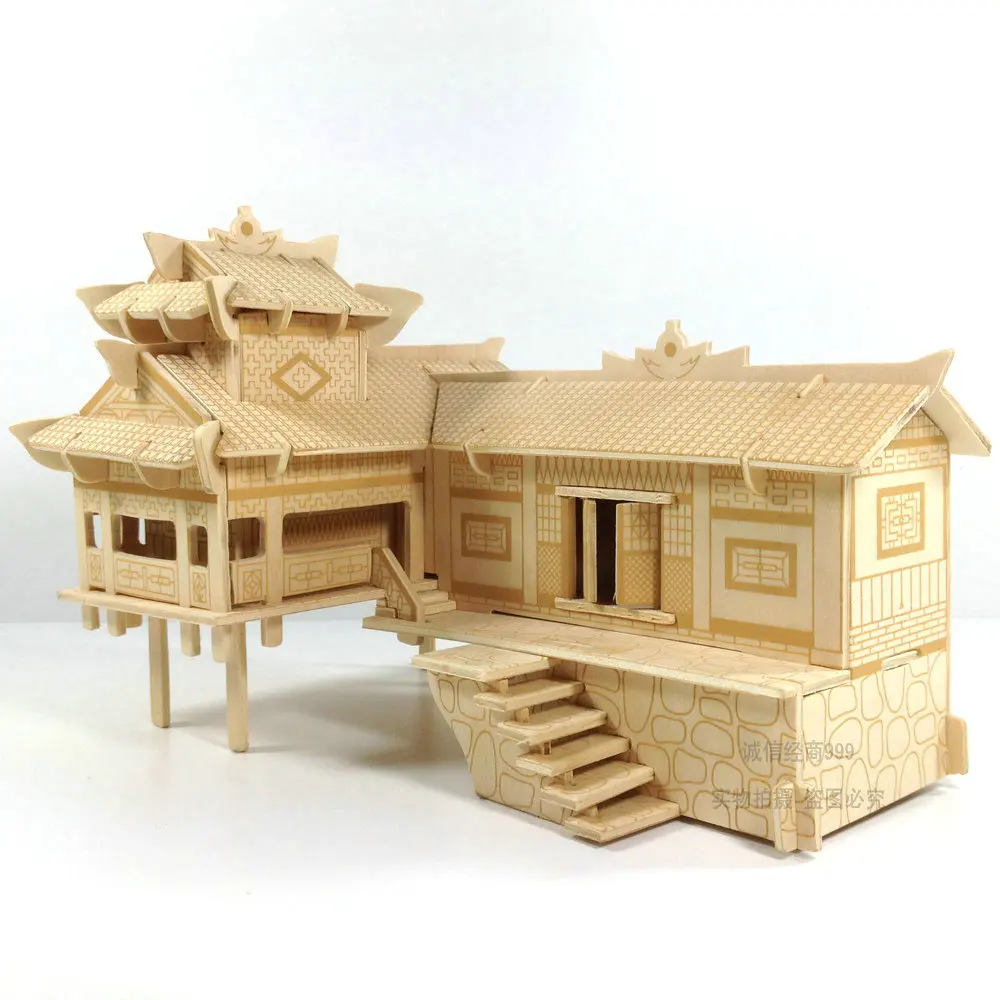 Woodcraft DIY 3D Construction Kit Global House Model Kids Wooden Puzzle Toys 