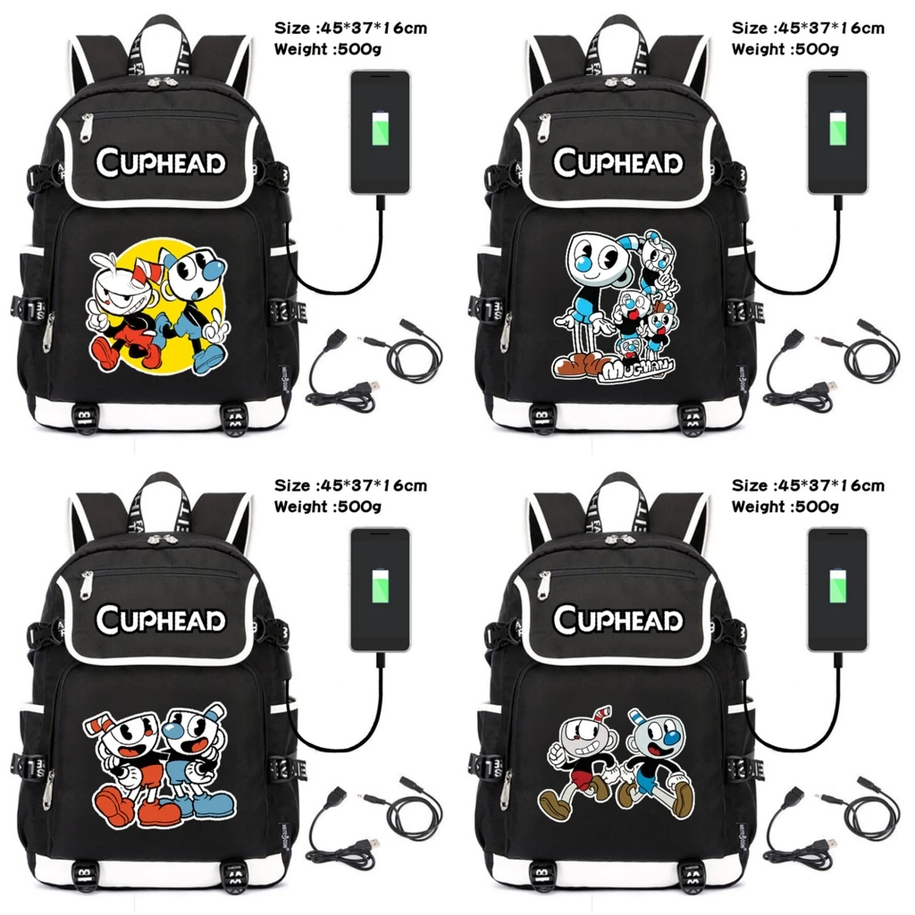 

Game Cuphead Mugman Canvas Backpack Teenagers Zipper Schoolbag Boys Girls USB charging Travel Laptop Bag Cartoon Packsack