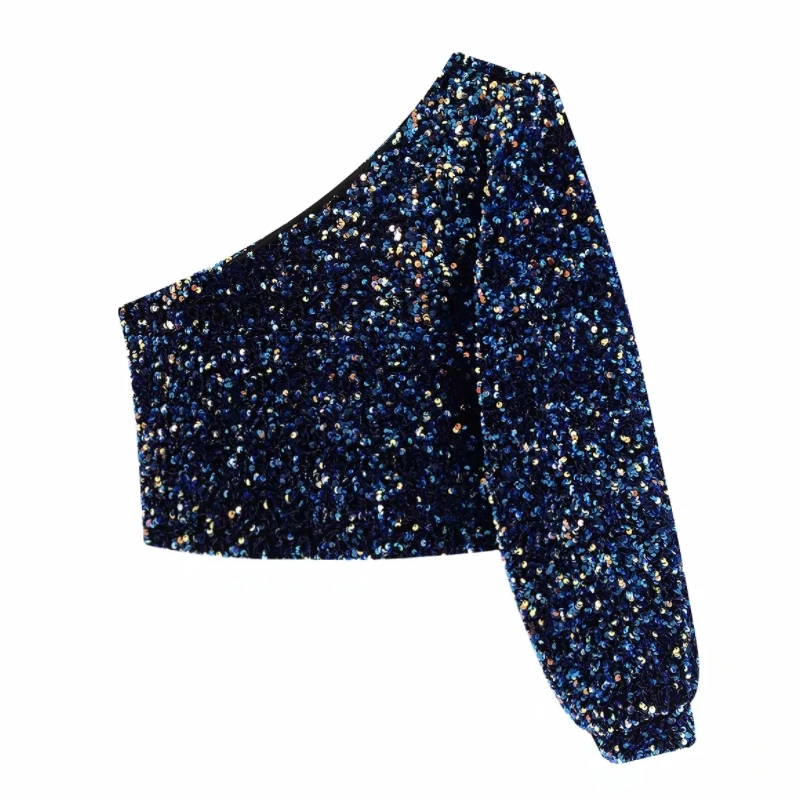 Женская короткая блузка с одним плечом и блестками|Блузки| |