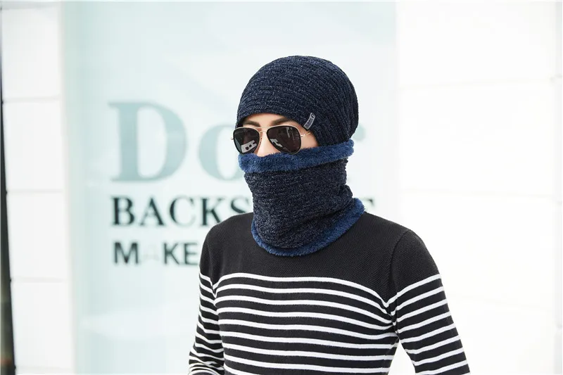 New Winter Men Hat Scarf Set Fashion Wool Hat Male Winter Caps Men velvet thick wool warm caps riding windproof hat set