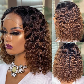 

1B/27 Ombre Color Short Curly Lace Front Human Hair Wigs With Baby Hair Pre Plucked Remy Brazilian 13*6Density130 Bleached Knots