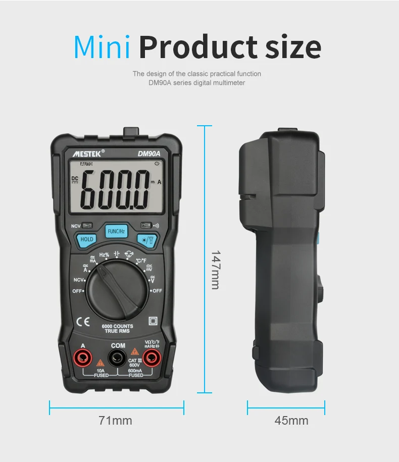 MESTEK DM90A NCV Цифровой мультиметр 6000 отсчетов Автоматический диапазон AC/DC Напряжение Ток Ом метр амперметр задний светильник большой экран