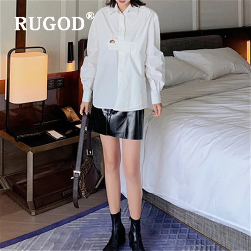 RUGOD/Женская белая блузка в Корейском стиле г., осенняя блузка с воротником-стойкой, асимметричная Металлическая пуговица, длинный рукав, свободные блузы, стильные
