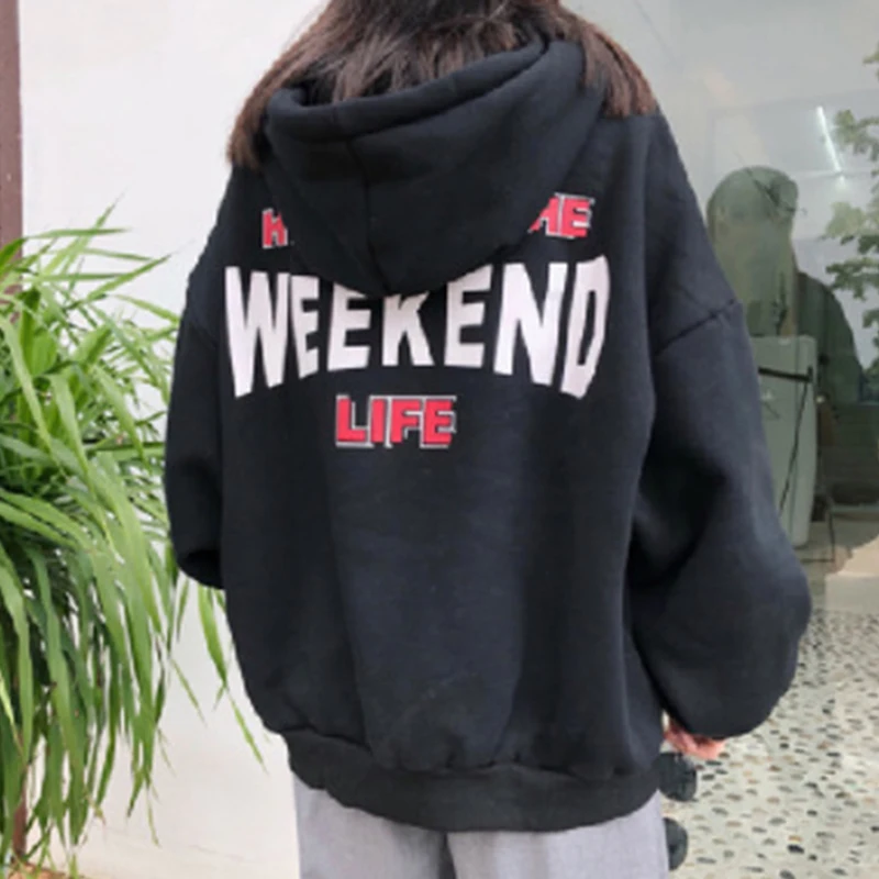  Women Letter Printed Loose Hoodies Trendy Hooded Plus Velvet Sweatshirts Autumn Winter Pullovers St