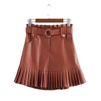 

Stylish Chic Pu Leather Mini Skirt with Belt Za Fashion Women High Waist Pleated Hem Skirts Casual Streetwear Party Faldas