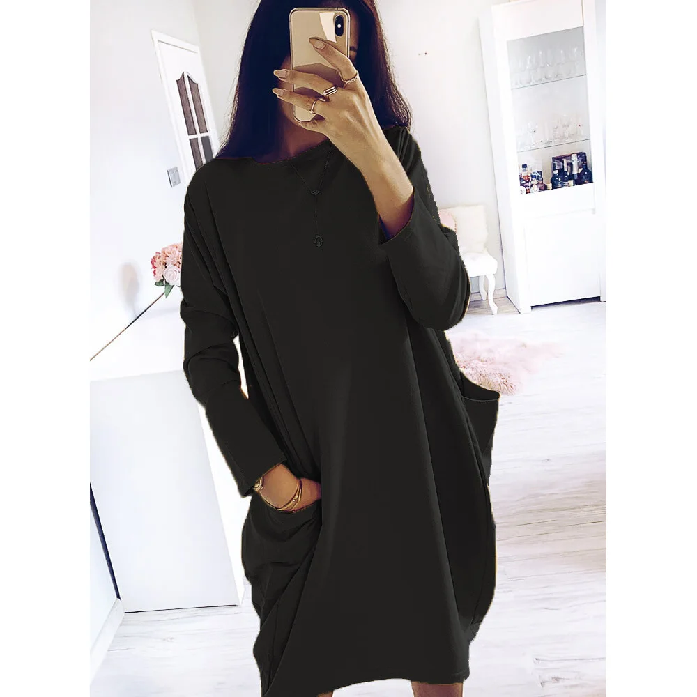 DeRuiLaDy, осенне-зимнее платье, женское Повседневное платье с круглым вырезом и длинным рукавом, свободное платье-туника с карманами - Color: Black