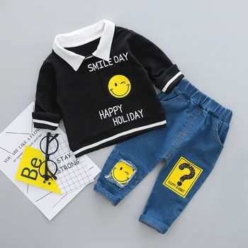 

HYLKIDHUOSE 2018 Spring Children Clothes Sets Baby Girls Boys Suits Smiley Lapel Cotton T Shirt+Jeans Infant Kids Casual Suits