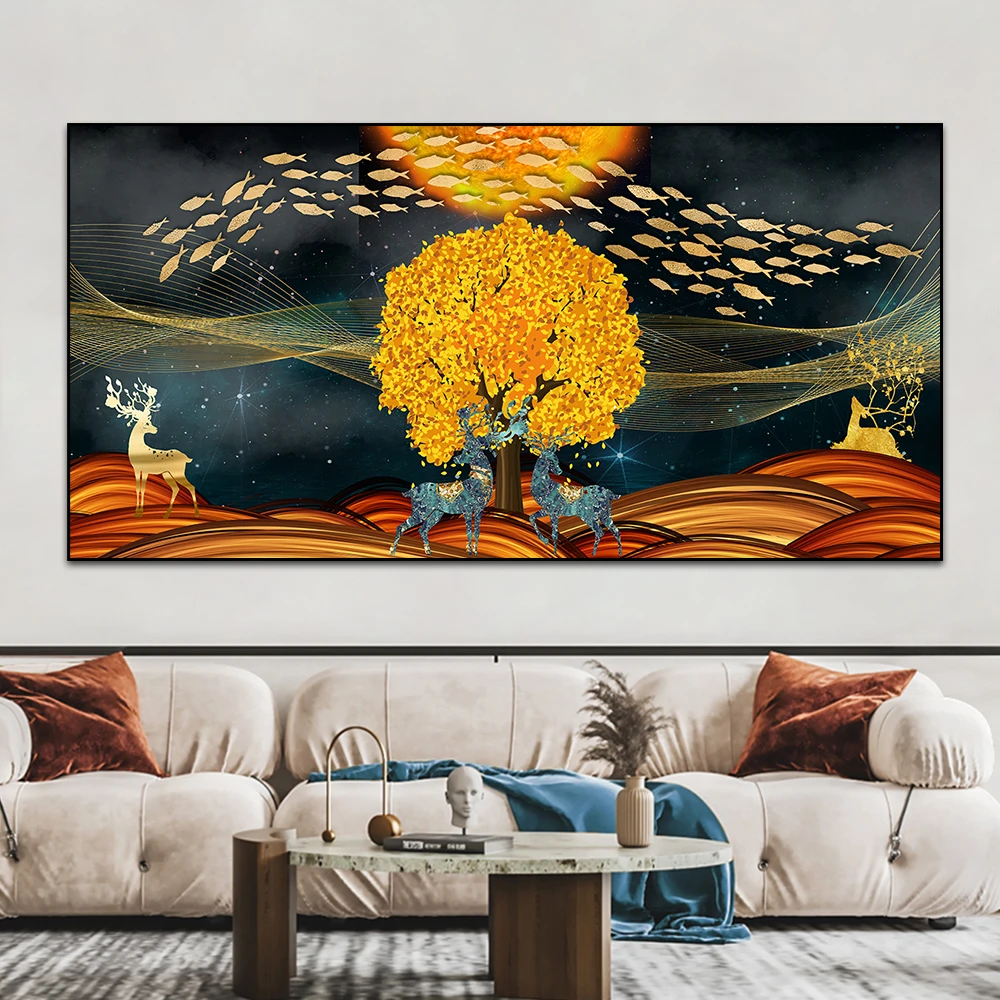 Golden Abstract Deer Tree Bird Wall Art Canvas Painting Nordic Posters And Prints Immagini Decorative Per Soggiorno Home Decor