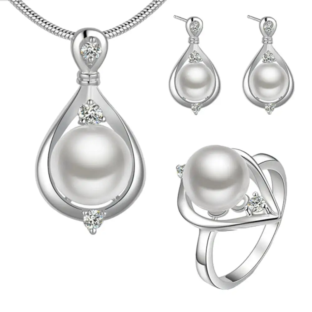 4Pcs Lady Rhinestone Silver Plated Faux Pearl Necklace Earrings Ring Jewelry Set | Украшения и аксессуары
