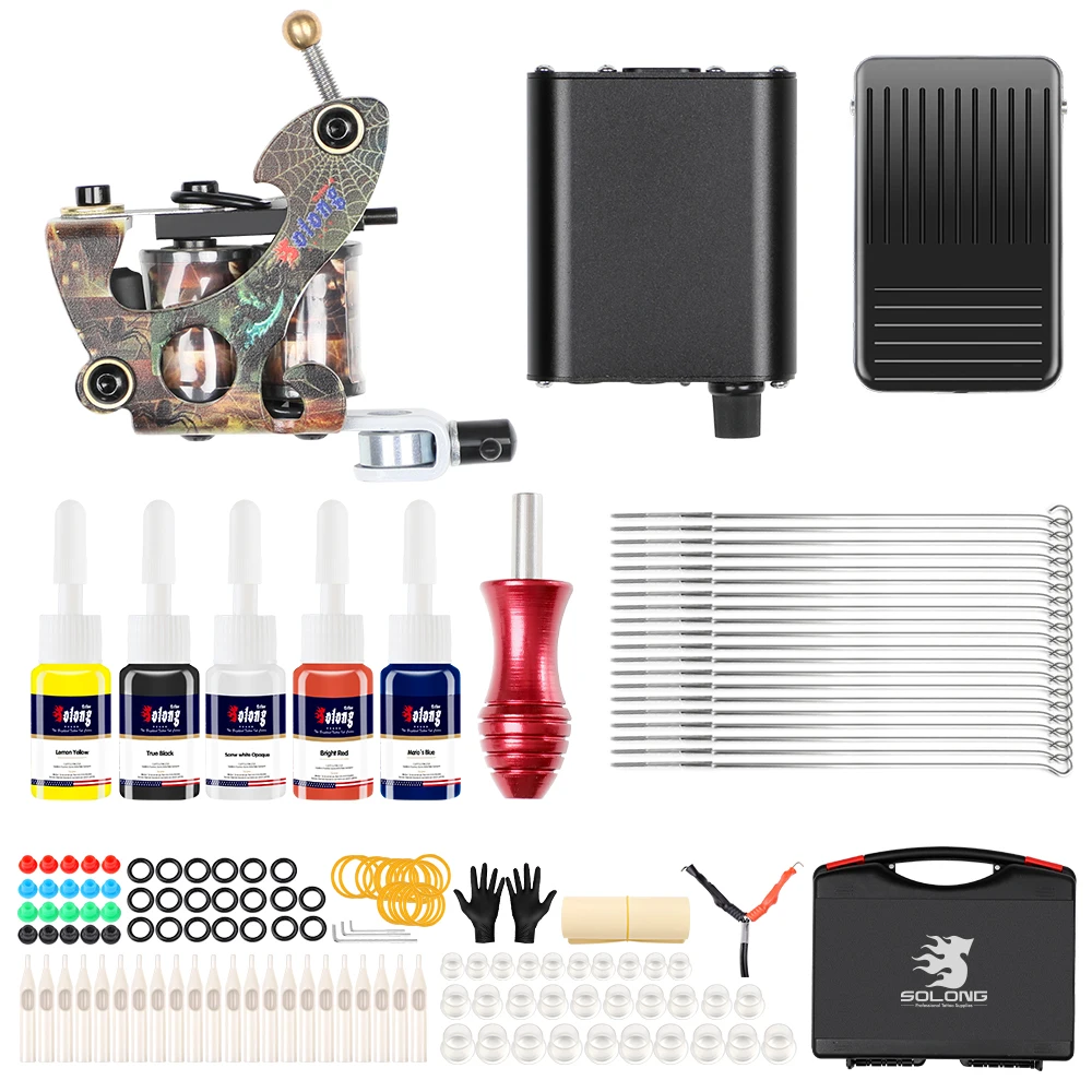 

Solong Tattoo 2018 Newest Beginner One Coil Machine Kit For Liner and Shader Power Supply Grip Needles Carry Case Supply TK106