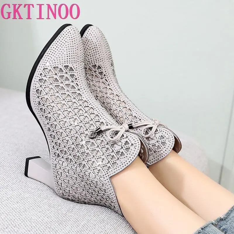 

GKTINOO Summer New Microfiber Rhinestone Bow Hollow Ankle Boots Fashion Elegant Women High Heel Sandals