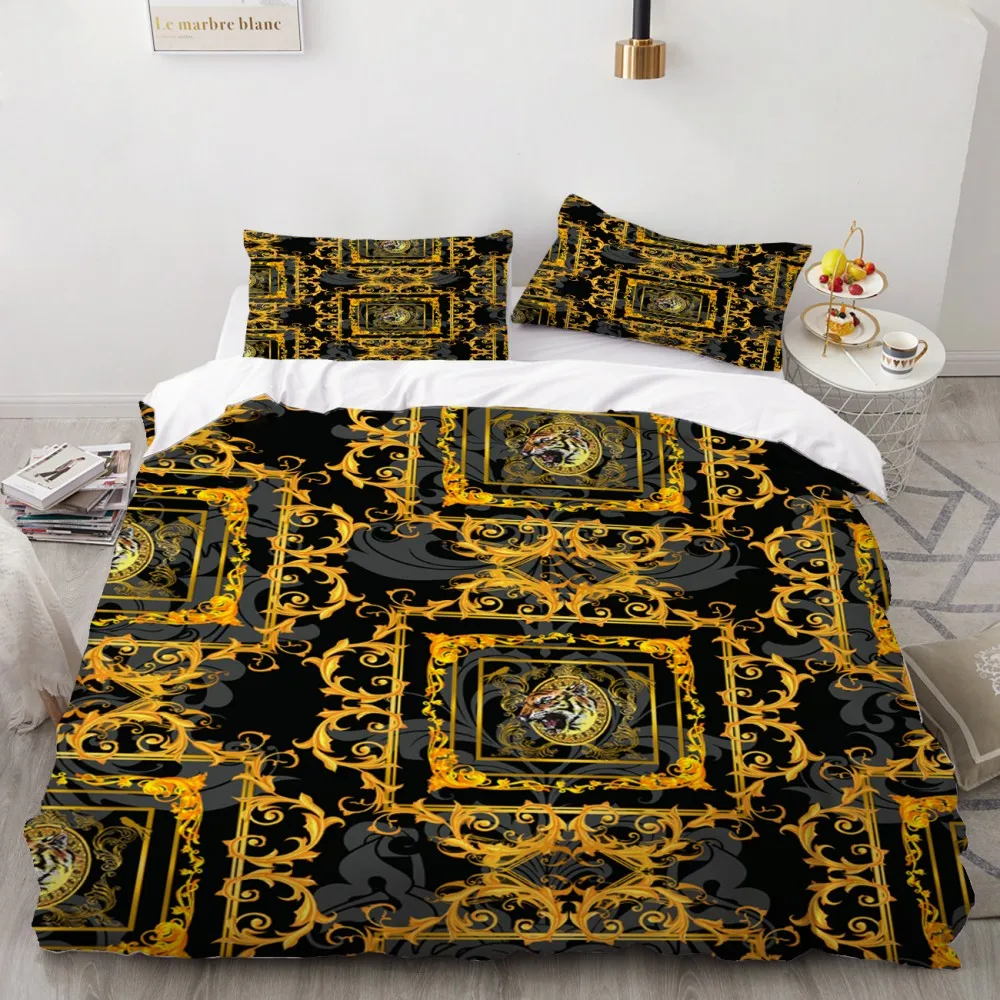 2/3 Pieces Ancient Style Bedding Set Iron Chain Duvet Cover Golden Flower Quilt Cover Set Home Textile Bedroom Home Pillowcase