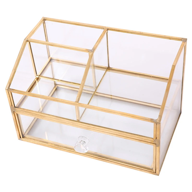 

ABUI-Nordic Metal Glass Cosmetic Storage Box Drawer Organizer Desktop Dust Proof Cotton Swab Tissue Box Dressing Table Shelf Dec
