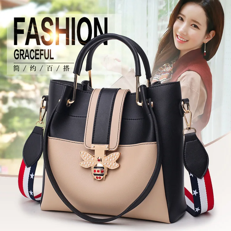 

New Style Fashion Glorious Contrast Color Ribbon Light Diamond Bees Lock Hand Single-shoulder Bag for Women Two-Piece Set Differ