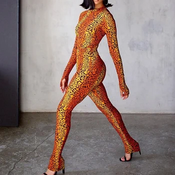

Women Leopard Jumpsuit Skinny Bodycon Long SLeeve Turtleneck Sexy Bodysuit Playsuits Night Club Party Streetwear Jumpsuit
