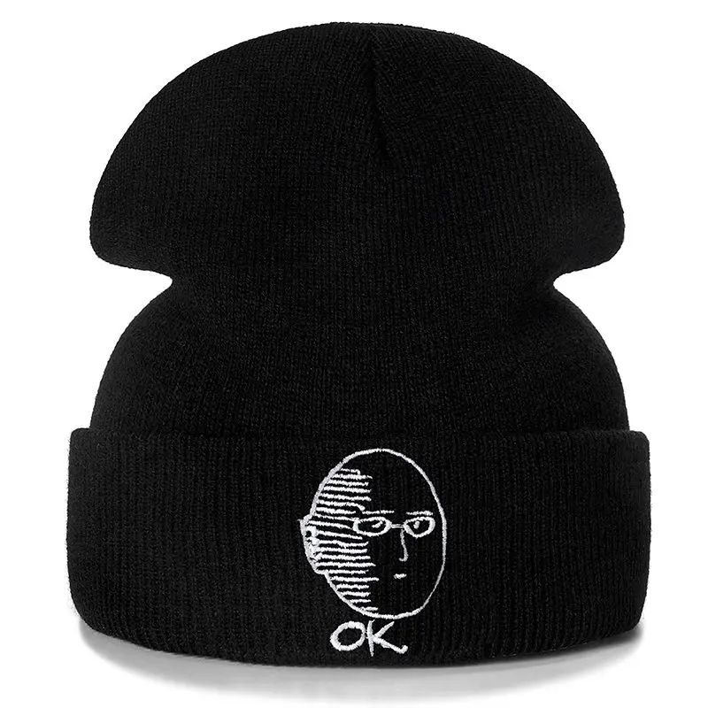 ONE PUNCH-MAN аниме хлопковые повседневные шапочки для мужчин и женщин вязаная зимняя однотонная шляпа хип-хоп Skullies шляпа Кепка в стиле унисекс - Цвет: black