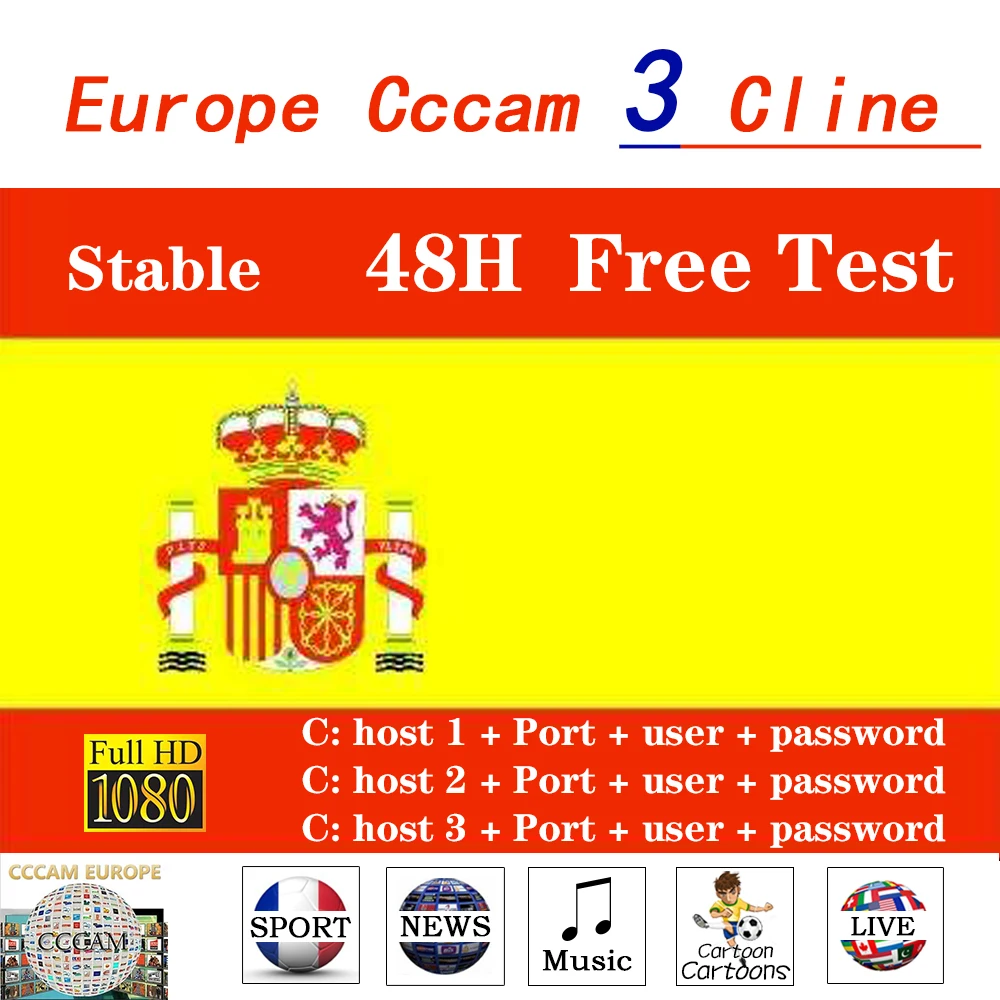 

European full HD cable 1 year CCcams 3/5 lines for satellite TV receiver DVB-S2 support Spain Europe Cccams server