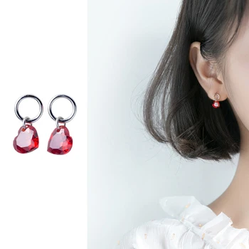 

Mocanie Romantic Red Crystal Love Hearts Sterling Silver 925 Dangle Earring for Women Geometric Round Drop Earring Fine Jewelry