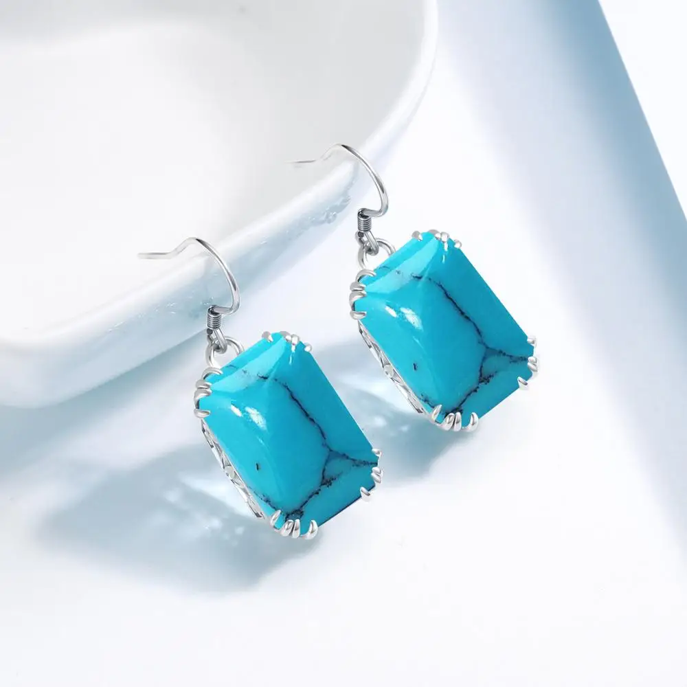

New Drop Earring For Women Sterling Silver Jewelry Flower Prong Setting Rectangle Turquoise Earrings Elegant Fashion Jewelry Hot