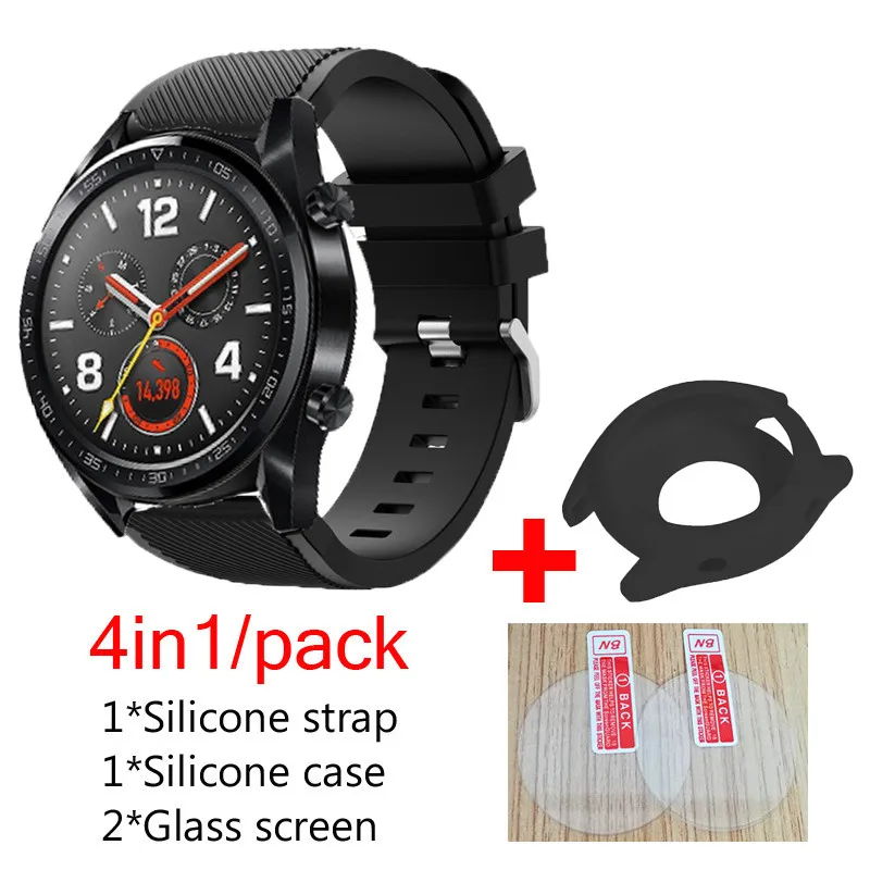 4в1 ремешки для часов Huawei watch gt 46 мм ремешок силиконовый GT чехол крышка 9H