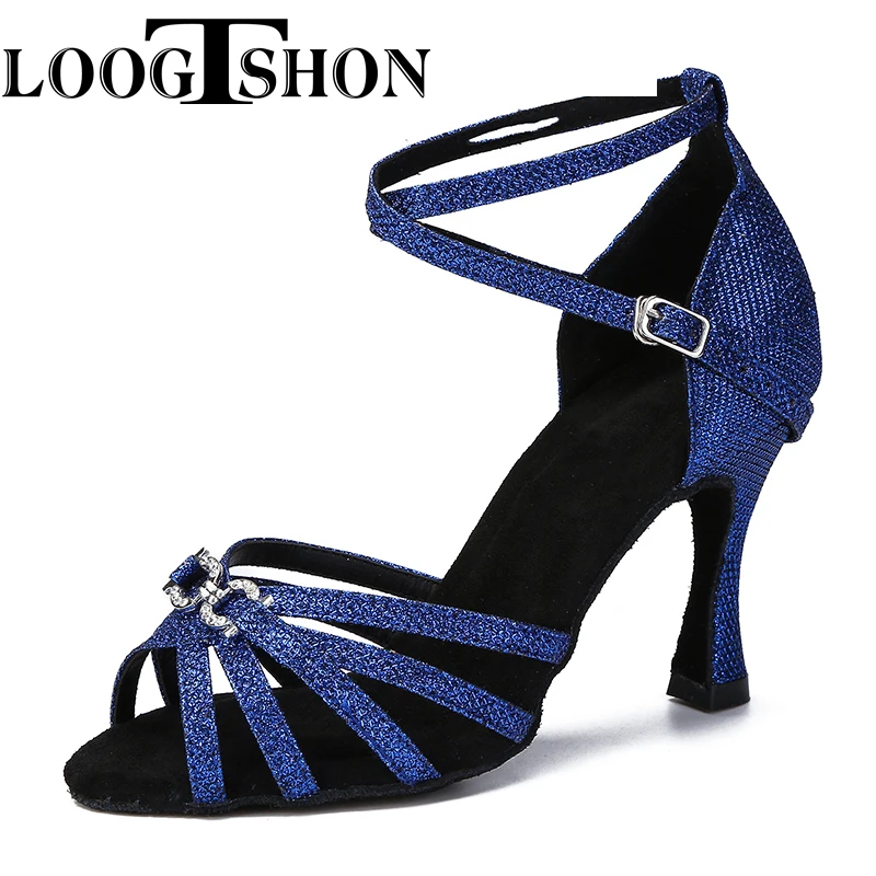 Loogtshon latin dance shoes woman Latin Dance Shoes shining bule satin Women Salsa party Ballroom shoes