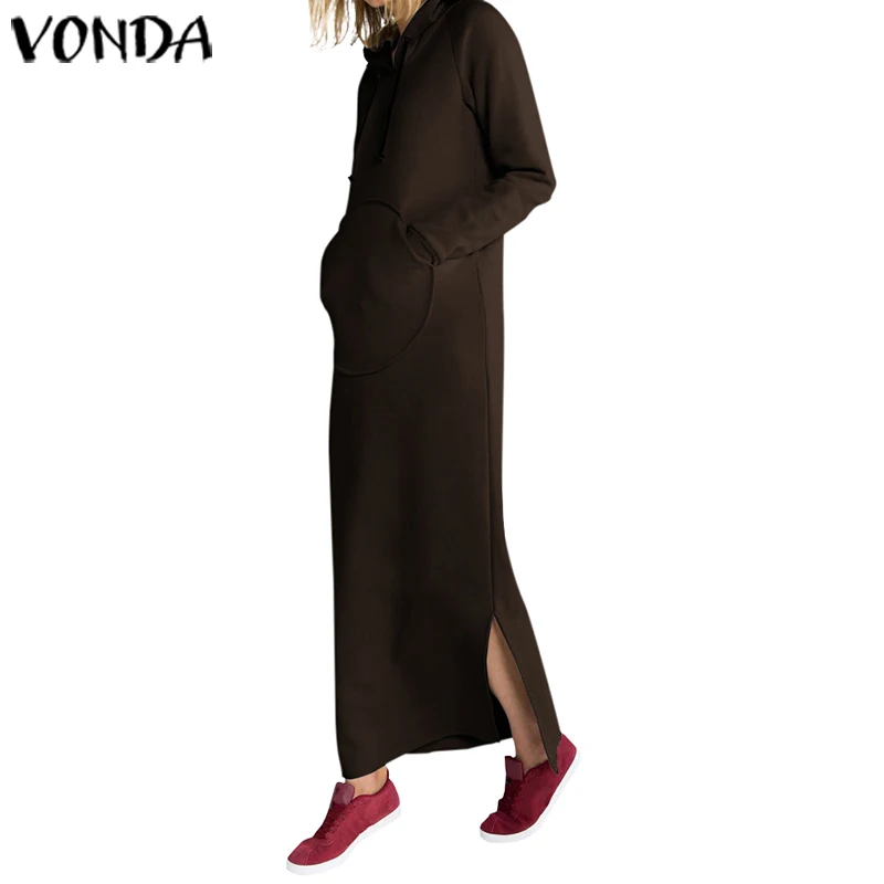 VONDA/осеннее Однотонное Платье макси с длинным рукавом для беременных; повседневные свободные толстовки; свитшот с капюшоном; платья; вечерние платья