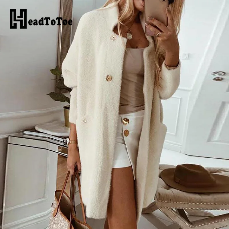 

Pocket Design Open Front Buttoned Fluffy Cardigan Women Stand Collar Long Sleeve Autumn Winter Casual Long Cardigans