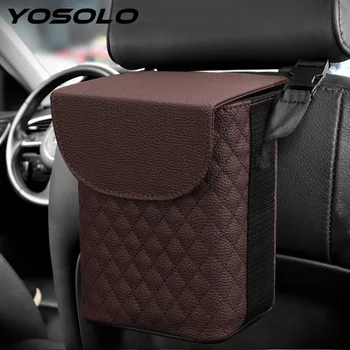 

YOSOLO PU Leather Car Trash Bin Hanging Garbage Storage Box Auto Trash Tool Bag Double-layer Auto Organizer Box Car Accessories
