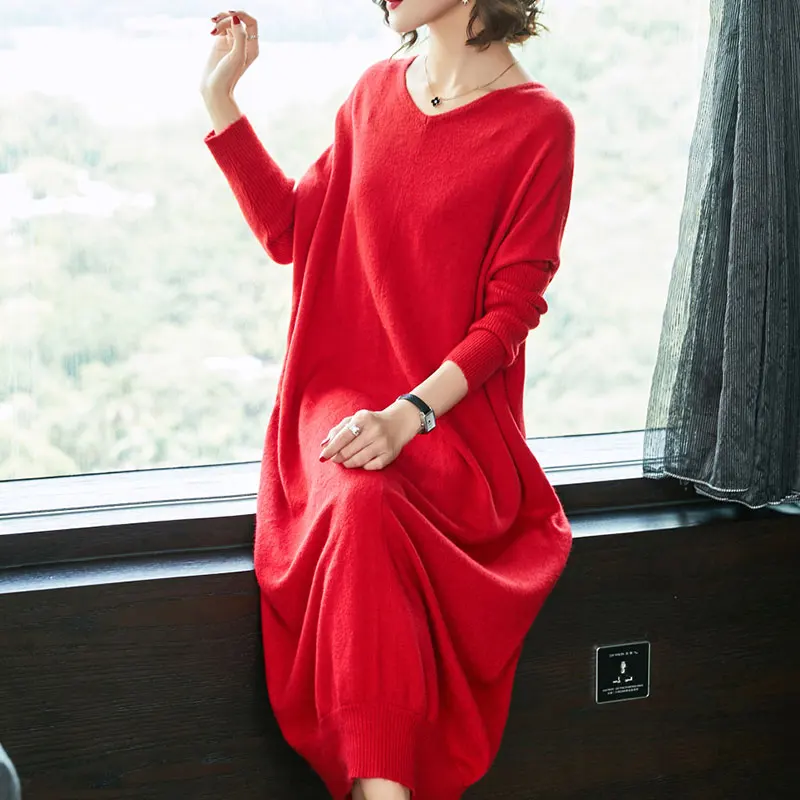 

Women Over Sizes Knit Loose Dress Spring & Autumn 2019 Female O-Neck long Sleeve Solid Loose Knitted Dresses Pullover