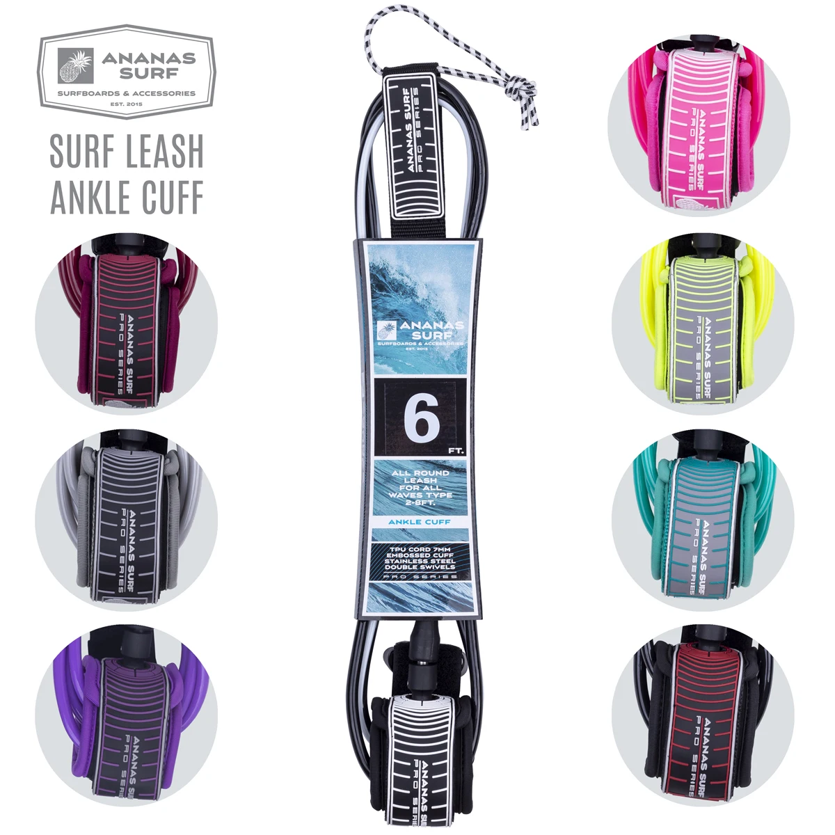 Ananas Surf Pro Series Short Surfboard Leash 6ft. 183 cm. Ankle Cuff Foot Leg Rope Safety Cord 7mm TPU | Спорт и развлечения
