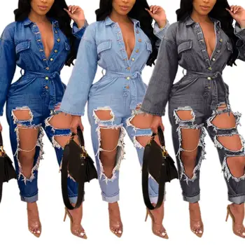 

Sexy Women Long Sleeve Turn Down Collar Ripped Denim Waist Belt Loose Jumpsuit Loose style fit for most people to wear gifts