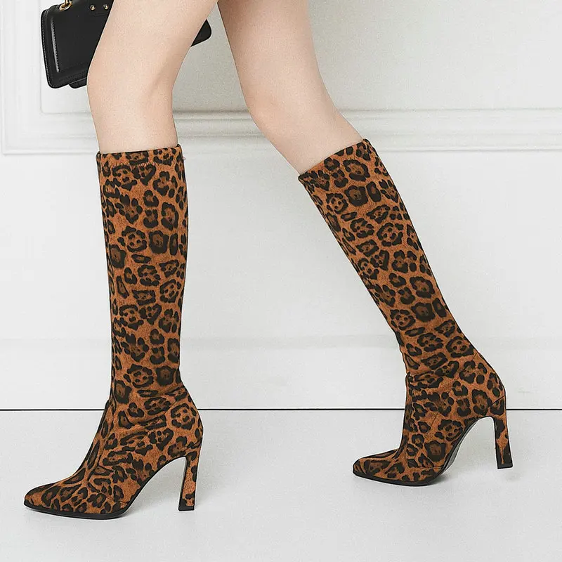 

Women Fashion Leopard Knee High Boots Stretch Flock Sqaure High Heel Long Boots Slip On Pointed Toe Autumn Winter Woman Shoes