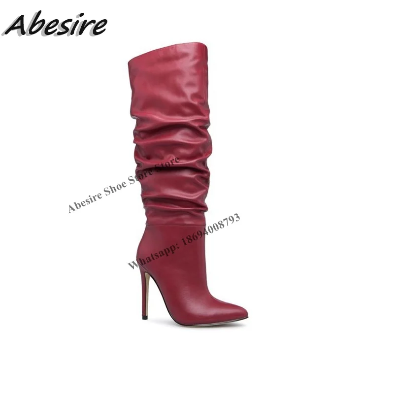 

Abesire Long Boots Red Pleated Slip On Thin High Heels Leather Pointed Toe Knee High New Autumn Winter Large Size Women Shoes
