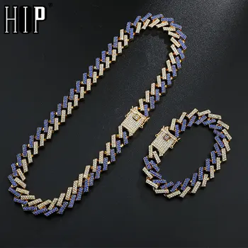

Hip Hop 15MM Bling Iced Out Crystal Cuban Paved Rhinestone Miami Zircon Men's Necklaces Bracelet For Men Jewelry 8/16/18/20/24in