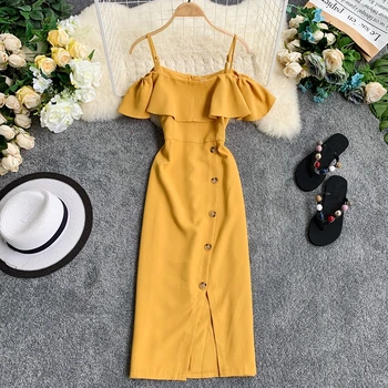 

Fashion Slim Ruffles Ladies Sexy Off Shoulder Summer Midi Long Dress Party Spaghetti Strap Women Casual Button Split Vestidos