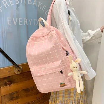 

2020 New Canvas School Backpacks Bookbags for Girls Solid Color Plaid Waterproof Large Capacity Send Pendant School Bags Mochila