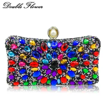 

Double Flower Multicolored Crystal Women Evening Bags Pearl Clasp Hard Case Metal Bridal Diamond Clutch Handbag Purse