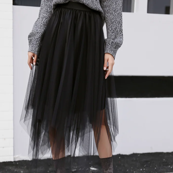 Женские фатиновые юбки, s Faldas Mujer Moda,, модные, эластичные, высокая талия, сетка, пачка, макси, плиссированная, длинная, миди, Saias Jupe, Женская юбка - Цвет: Черный
