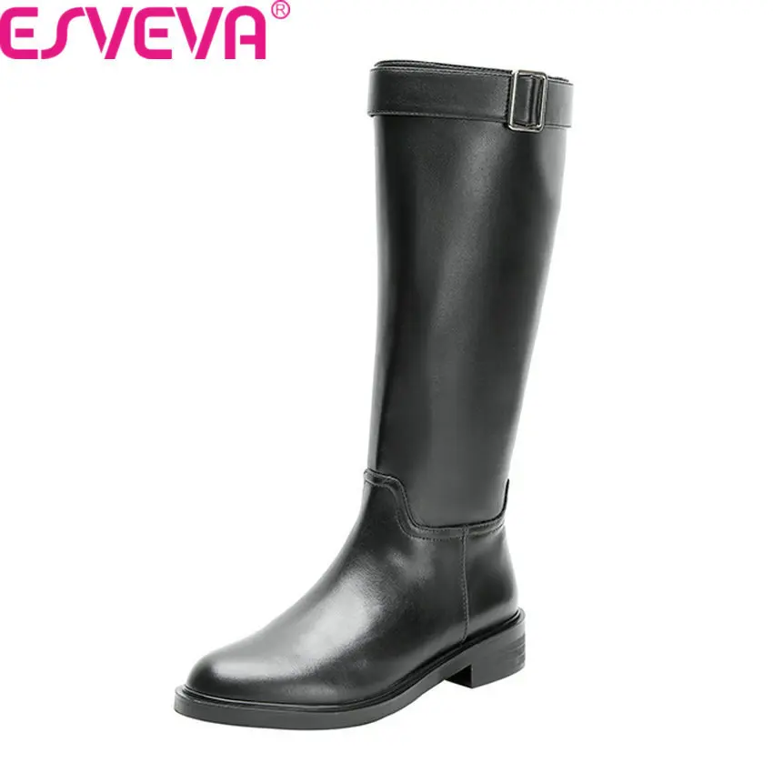 

ESVEVA 2020 Round Toe Square Heel Buckle Zipper Knee High Boots Cow Leather PU Autumn Winter Concise Women Shoes Big Size 34-43