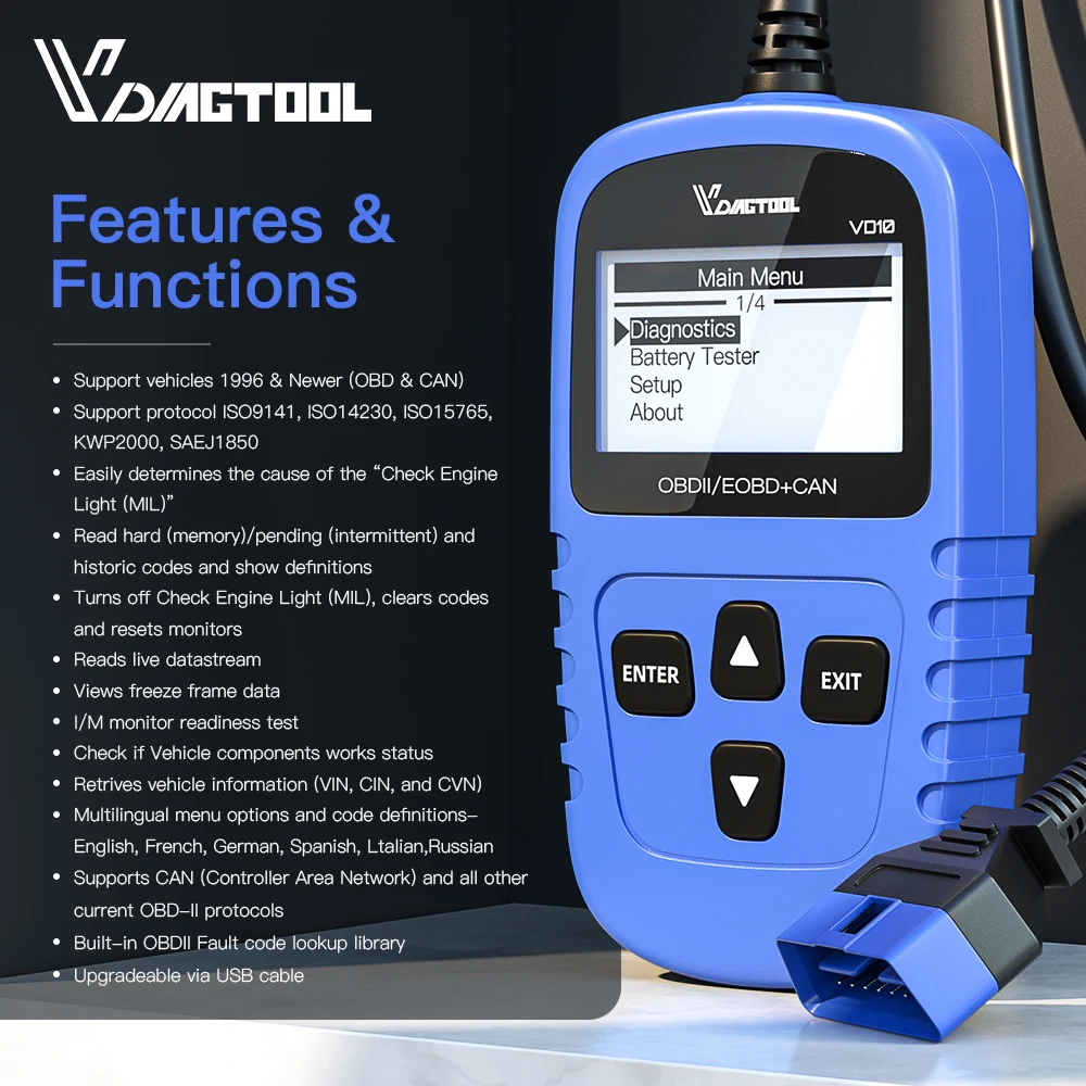Считыватель кодов VDIAGTOOL VD10 OBDII/OBD2 сканер EOBD автомобильный диагностический
