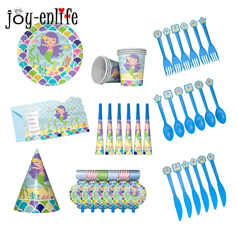 

JOY-ENLIFE Little Mermaid Party Disposable Tableware Set Happy Birthday Paper Plates Tablecloths Girl Baby Shower Party Supplies