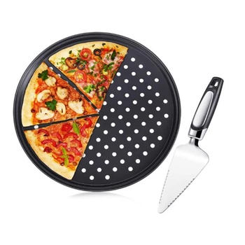 

2 Pcs Pizza Cookie Set,Pizza Pan Perforated Non-Stick Tray,Cake Pizza Cutter,Salad Dessert Slicer,for Family Restaurants