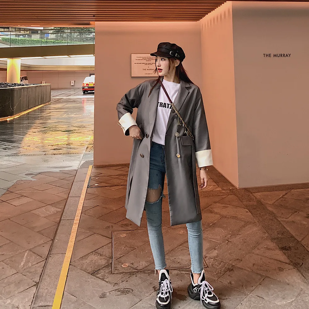 

Photo Shoot Autumn New Style-British-Style Double Breasted CHIC Loose-Fit Mid-length Suit Jacket Women's Tennis Red Versatile Fa