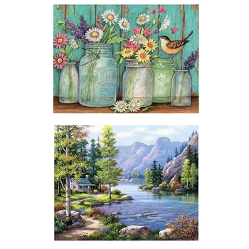 

2 Set Diy Diamond Painting Cross Stitch Embroidery Rhinestone Pattern Home Decor-Flowers and Birds & House By the Lake