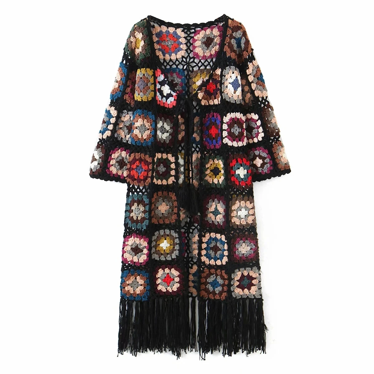 

AYUALIN Boho Fringe Sweater Coat Black Ethnic Handmade Kintted Cardigan Women Robe Vintage Long Sleeve Autumn Outwear Sweaters