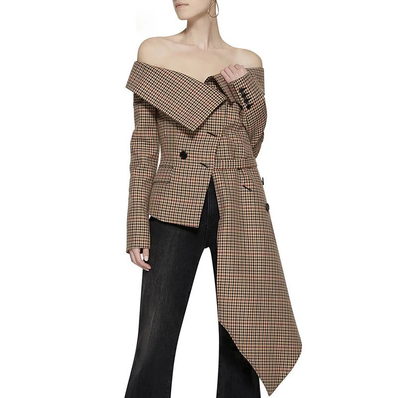

High Quality Size S-XXL Women Sexy Off-the-Shoulder Double Breasted Plaid Print Asymmetrical Jacket Autumn Stylish Coats