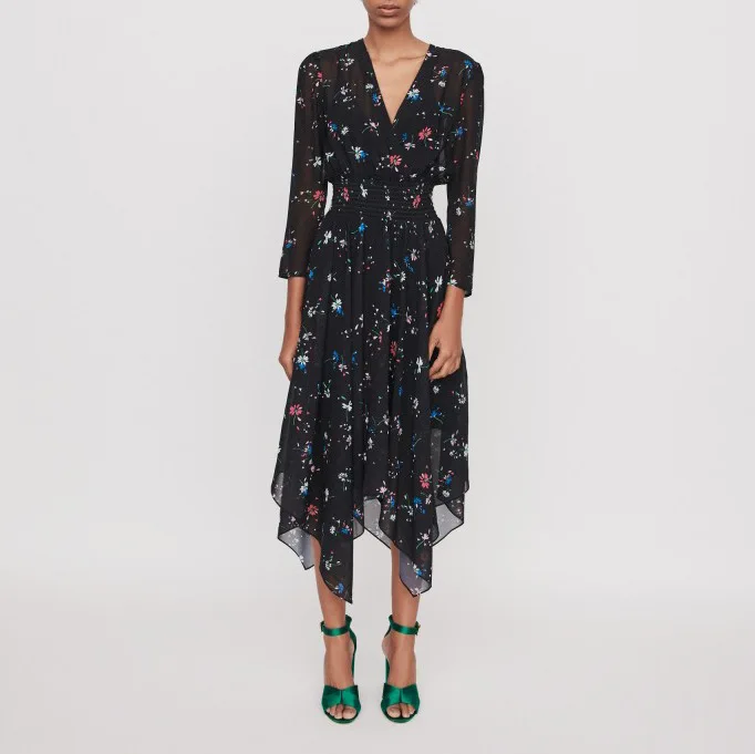 

M 2019 Autumn And Winter New Style WOMEN'S Dress Floral Waist Hugging Hem Irregular Dress M Fpro00653