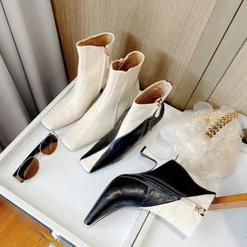 

2020 Ankle boots Ins blogger recommends temperament high-heeled short boots matching side zipper fashion boots square toe boots