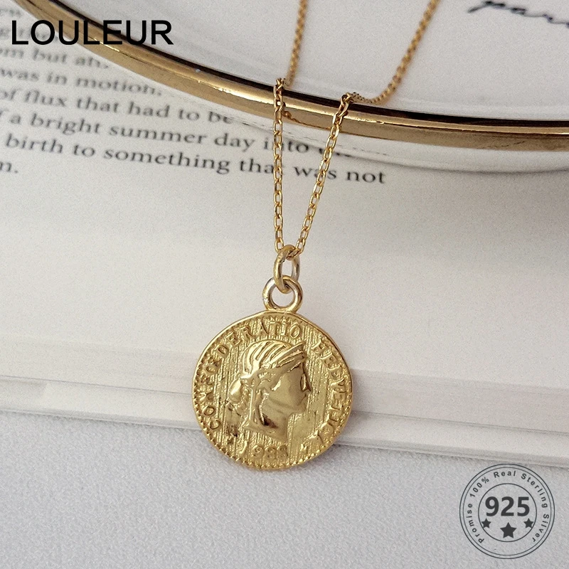 

Louleur Silver 925 Round Coin Pendant Necklace for Women American Style Portrait Gold Necklace For Party Female Fine Jewelry